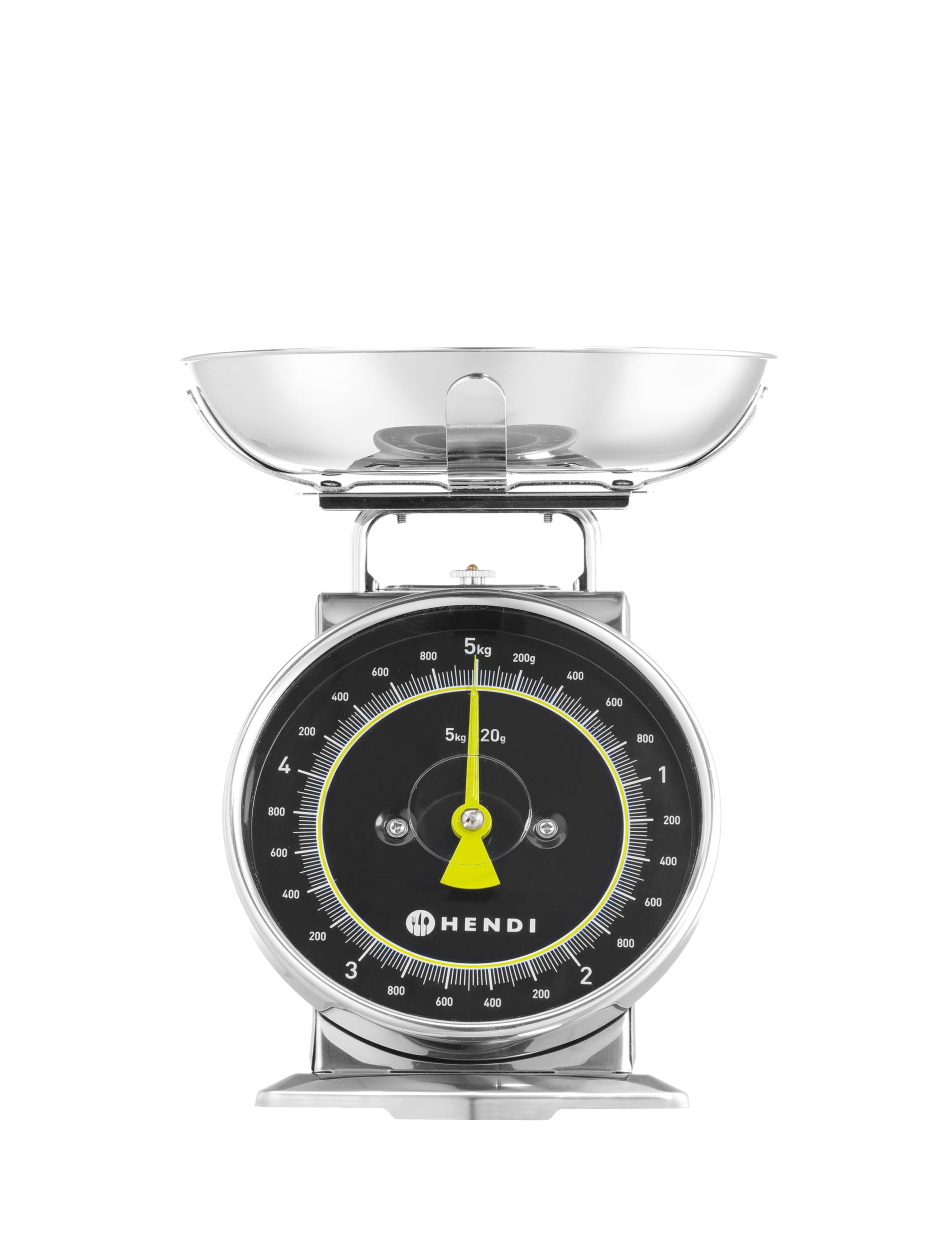 HENDI Báscula mecánica de cocina, Pesa con esfera analógica, Balanza con función tara manual, Capacidad 5kg, Graduación 20g, 207x231x(H)254mm, Acero inoxidable
