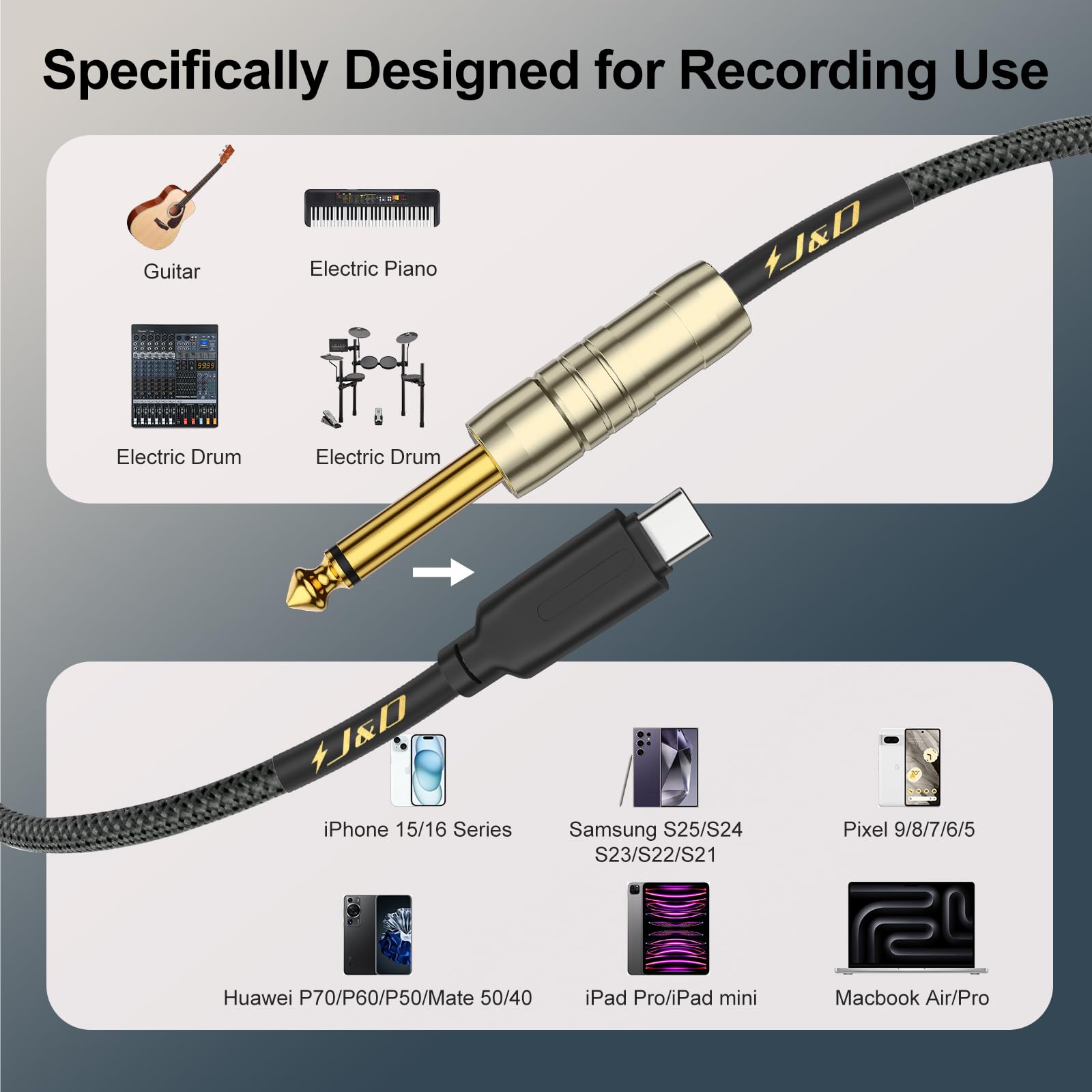 J&D USB C to 6.35 mm 1/4 inch TS Guitar Audio Cable, Audio Recording, Bass - Image 3
