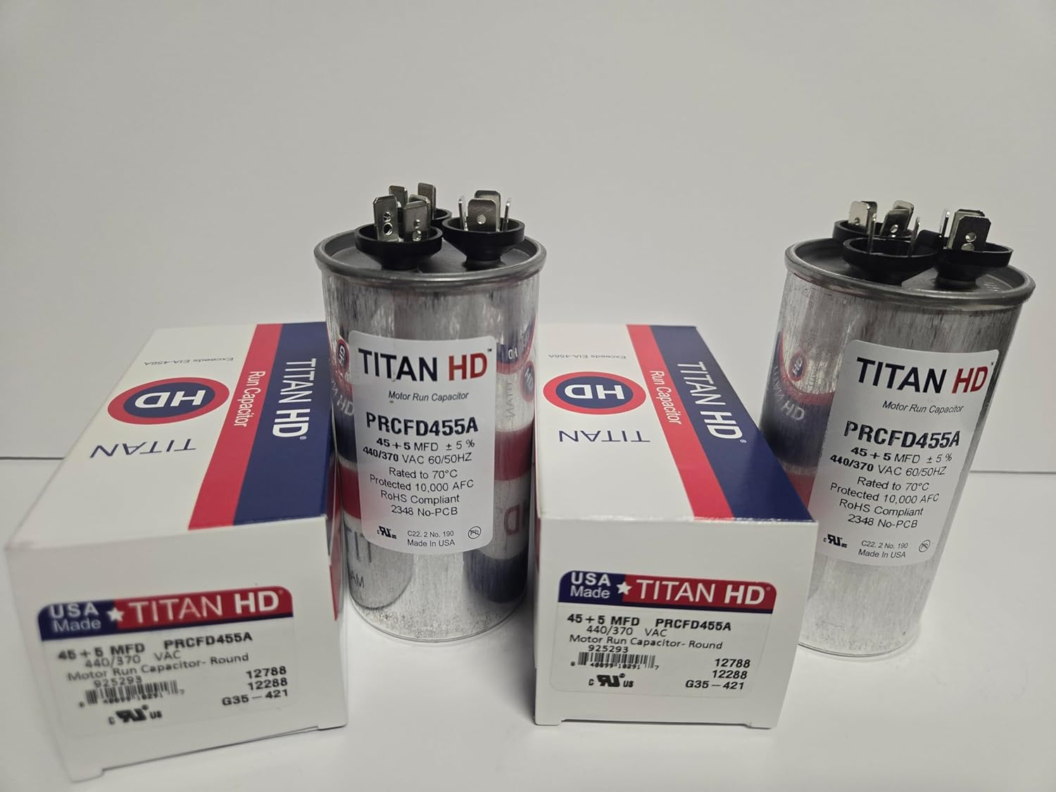 Generic 2 PACK Titan HD PRCFD455A American-Made 45 + 5 UF HVAC Round Motor Run Dual Capacitor 45/5 MFD for CENTRAL AIR CONDITIONER A/C