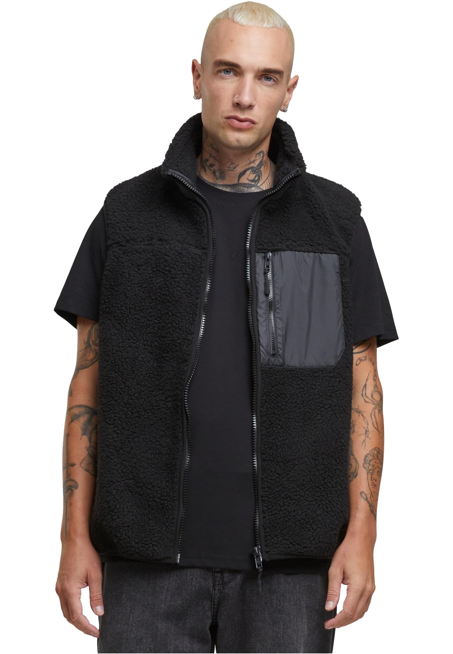 Urban Classics Herenvest Sherpa Vest, herenvest met hoge kraag, voorvak met ritssluiting, sherpa-stof, Donkerblauw, XL