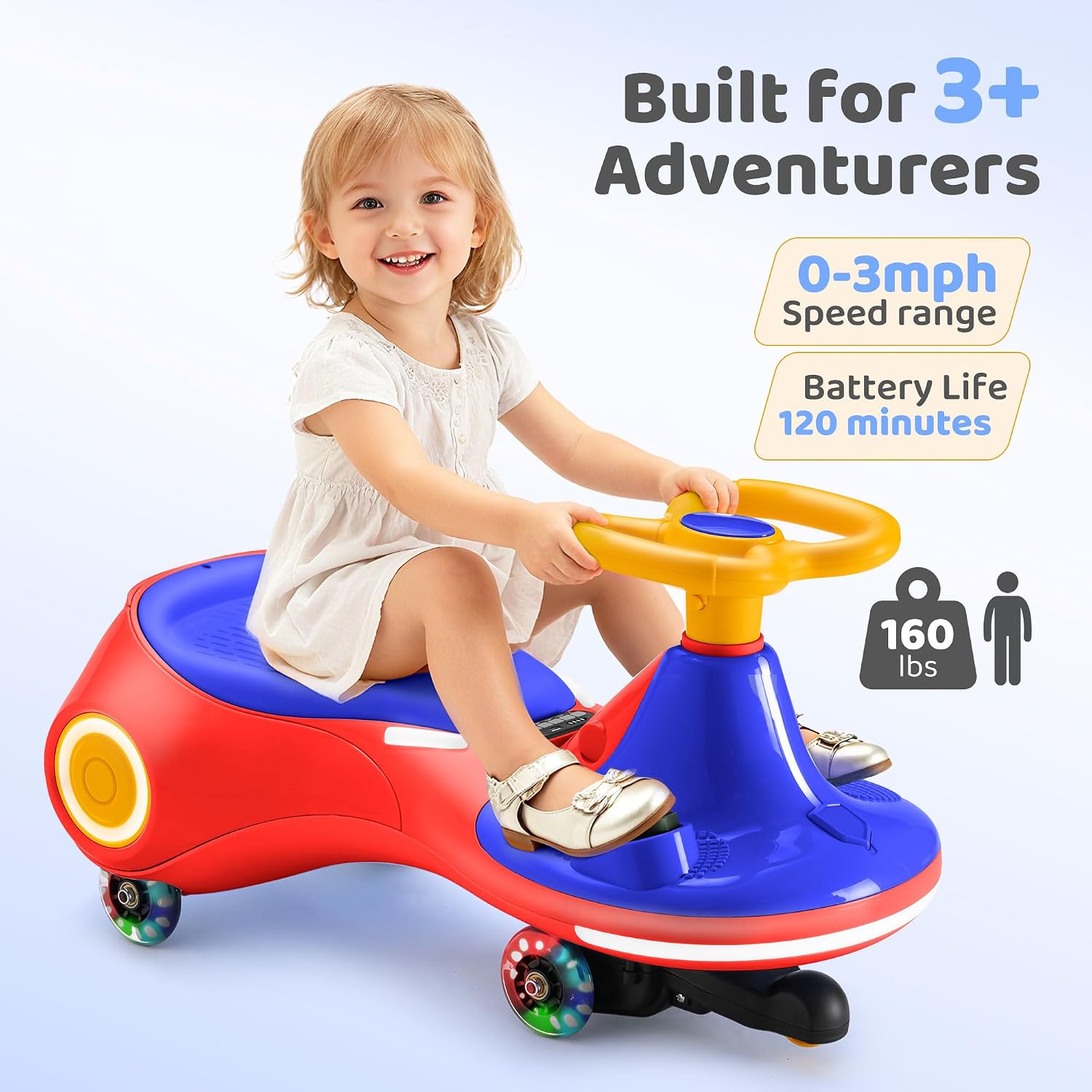 12V Electric Wiggle Car with Pedal, 3 in 1 Swing Car, Flashing Wheel, Music, 160LBS, Rechargeable Battery, Anti-Rollover Ride On Toy Car, Kid's Car for 3+ Boys and Girls Indoor Outdoor