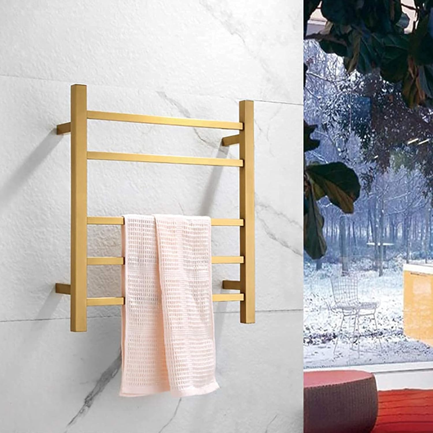 Electric Towel Warmer Drying Rack 5 Square Brushed Gold Bar Heated Towel Rack for Bathroom, Wall Mounted 304 Stainless Steel Heated Towel Rail with Switch, 60W,Hadrwired (Hadrwired