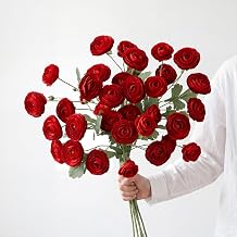 6 Stems Artificial Ranunculus Flowers 33.5 Inch, 36 Heads Long Stem Silk Faux Flowers with Leaves for Wedding Bouquets, Table Centerpieces, DIY Floral ArrangementsBurgundy