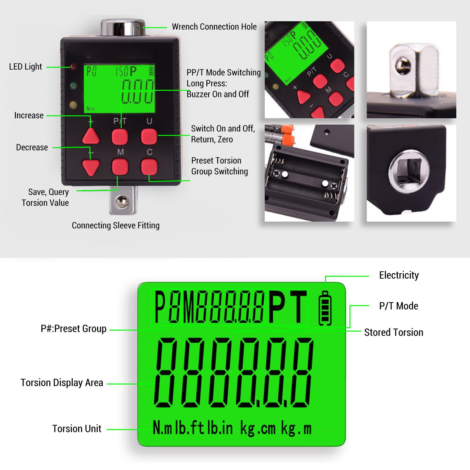 1/2 Inch Digital Torques Adapters, Powerful Memory Digital Torques Wrench Adapters, 3.4-340 N.m High Accuracy Electronic Torsion Wrench Converter with 3/8in and 1/4in
