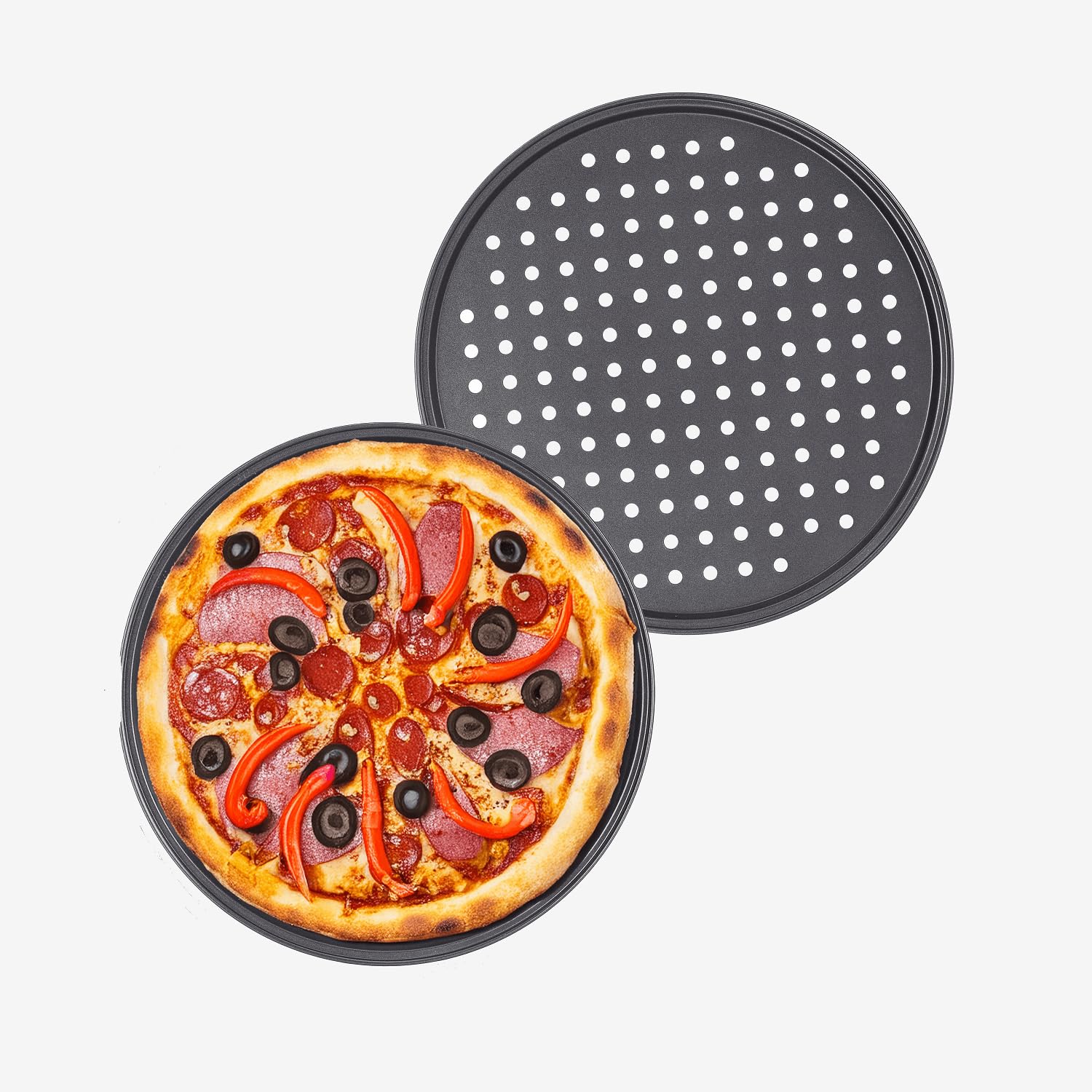 Muvell Pizzableche 2 Stück - Ø 32 cm rund | gelochtes Pizzabackblech | Backblech für Pizza, Flammkuchen, Lahmacun und Pommes | langlebig, leicht, stapelbar