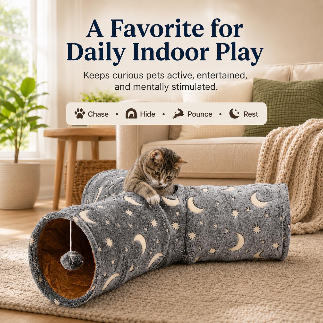 Túnel de tubo para gatos con bola de felpa plegable, autoluminoso, para gatos pequeños, conejos, gatitos, hurones, cachorros y perros, estrella lunar gris de 3 vías