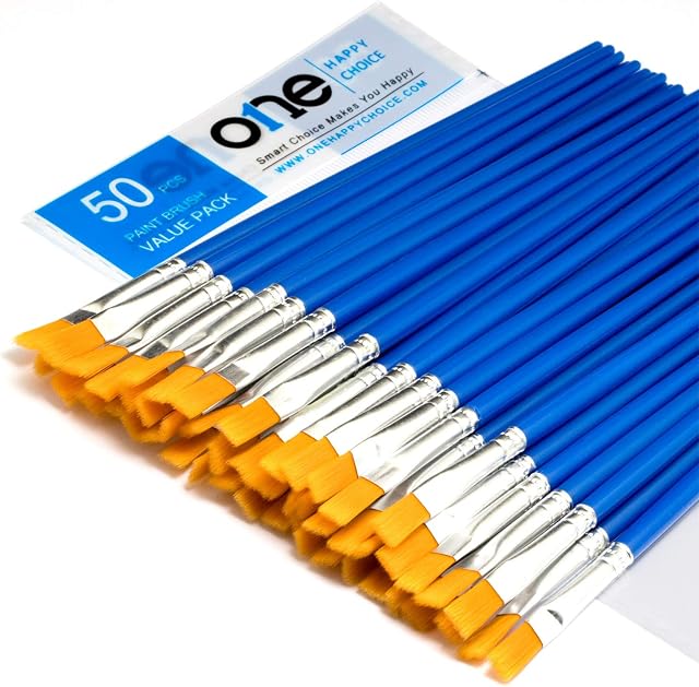 50 Pcs Flat Paint Brushes Set with Synthetic Hair, Short Plastic Handle, Small Brush Bulk Kit, Acrylic Oil Watercolour Fine Art Painting for Kids, Children, Students, Starter Value Pack