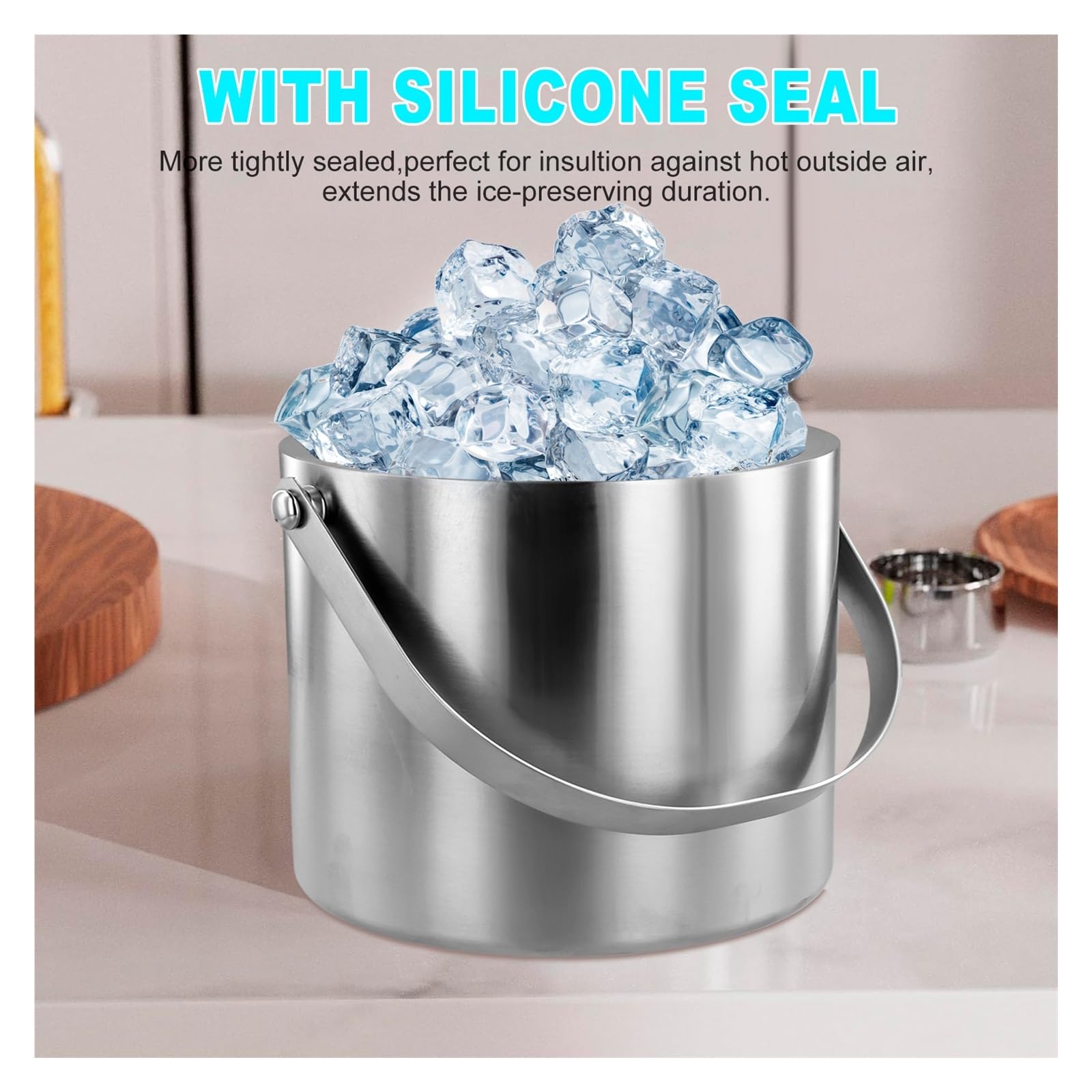 Cubo de Hielo con Tapa, colador y Pinzas, de Acero Inoxidable de Doble Pared, con Aislamiento, de 2,0 l o 3,0 l, Ideal for cócteles. para Bar, Cumpleaños, Fiestas(2.0L Model)