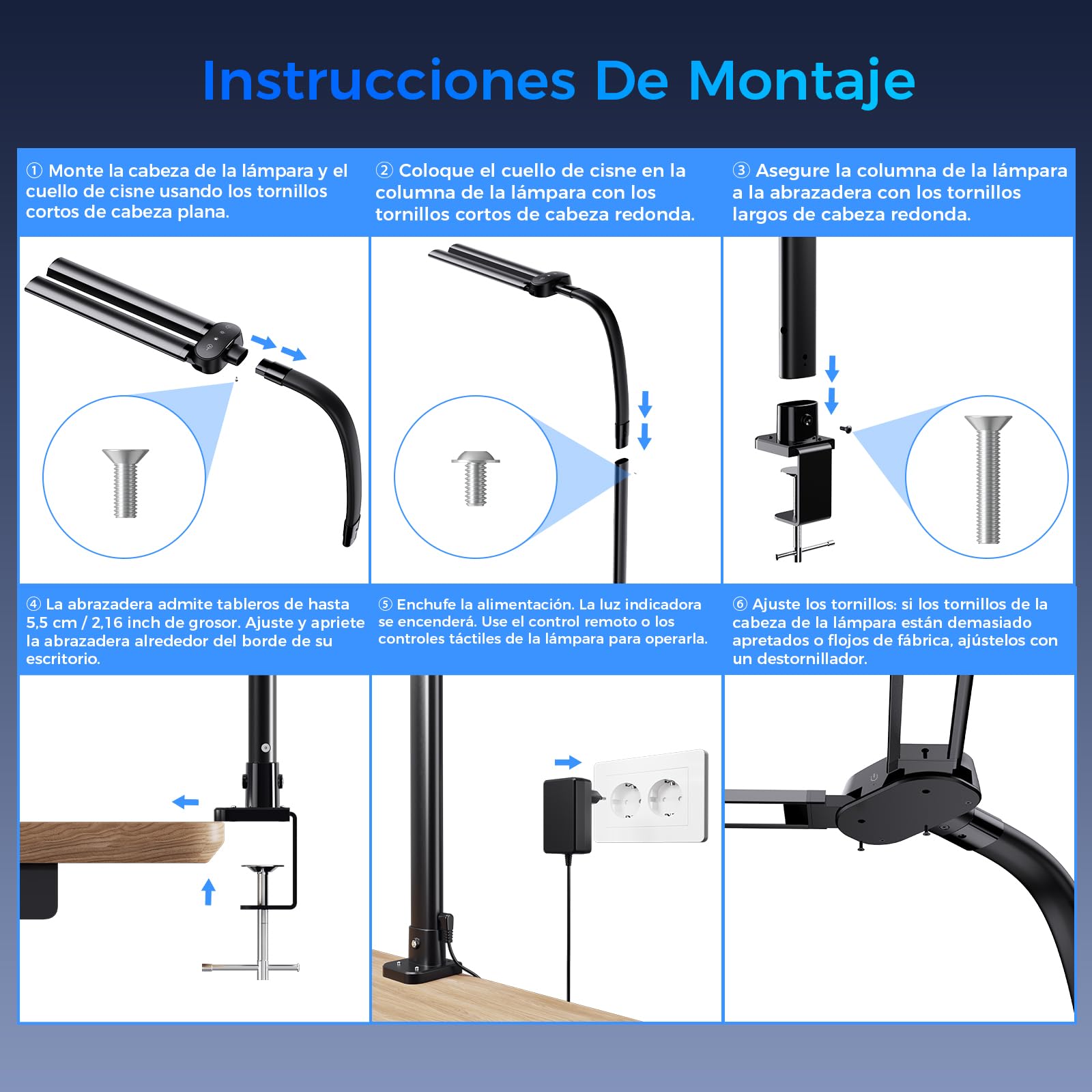 T01 Lampara de Escritorio de LED con Control Remoto - 24W 1400LM 80CM Flexo LED Escritorio con Pinza Luz Leer Puerto de carga USB para Estudiar, Oficina, Negro