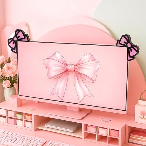 Miniatura 5 de Thyle 2 piezas de decoración de monitor de computadora con lazo rosa 3D de madera linda decoración de computadora coqueta, decoración de PC, mini