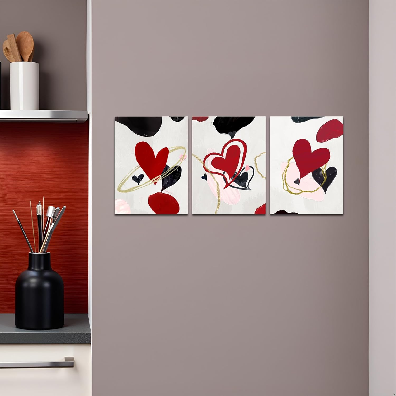 sechars 3 Pieces Burgundy Red and Black Wall Art Decor Abstract Love Heart Paintings for Girls Women Bedroom Bathroom Decorations Valentine's Day Gifts (Red)