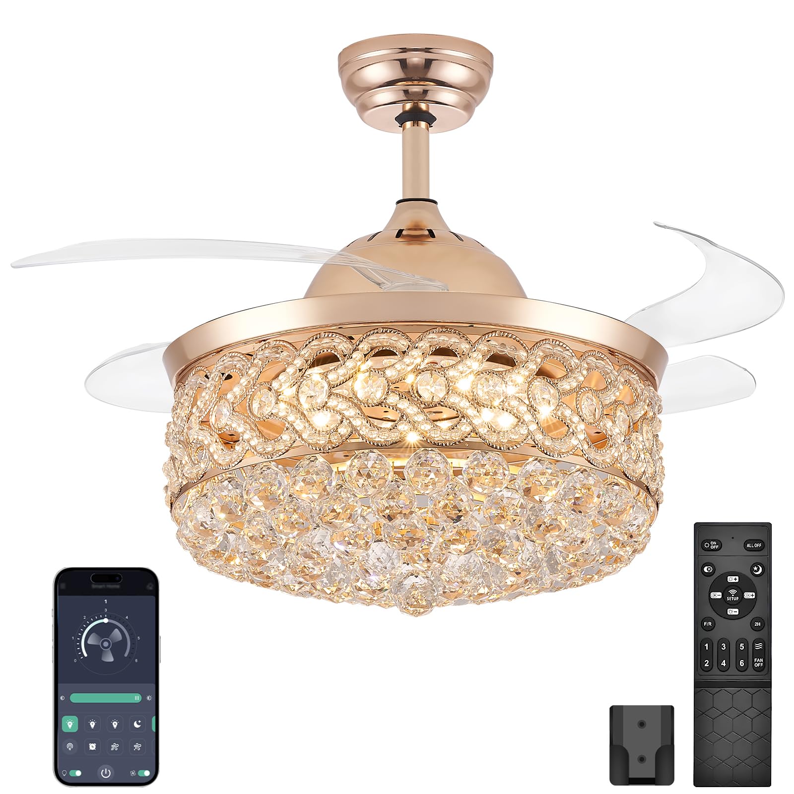 48" Crystal Ceiling Fan with Light Invisible Fandelier Ceiling Fan with Color Temperature Memor 4 Retractable ABS Blades Color Changing Chandelier Fan Remote Control for Bedroom Living Room