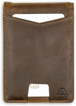 Andar The Apollo Leather Slim RFID Blocking Minimalist Bifold Wallet with Money Clip and ID Slot made of Full Grain Leather Elastic Pull Tab Saddle Brown