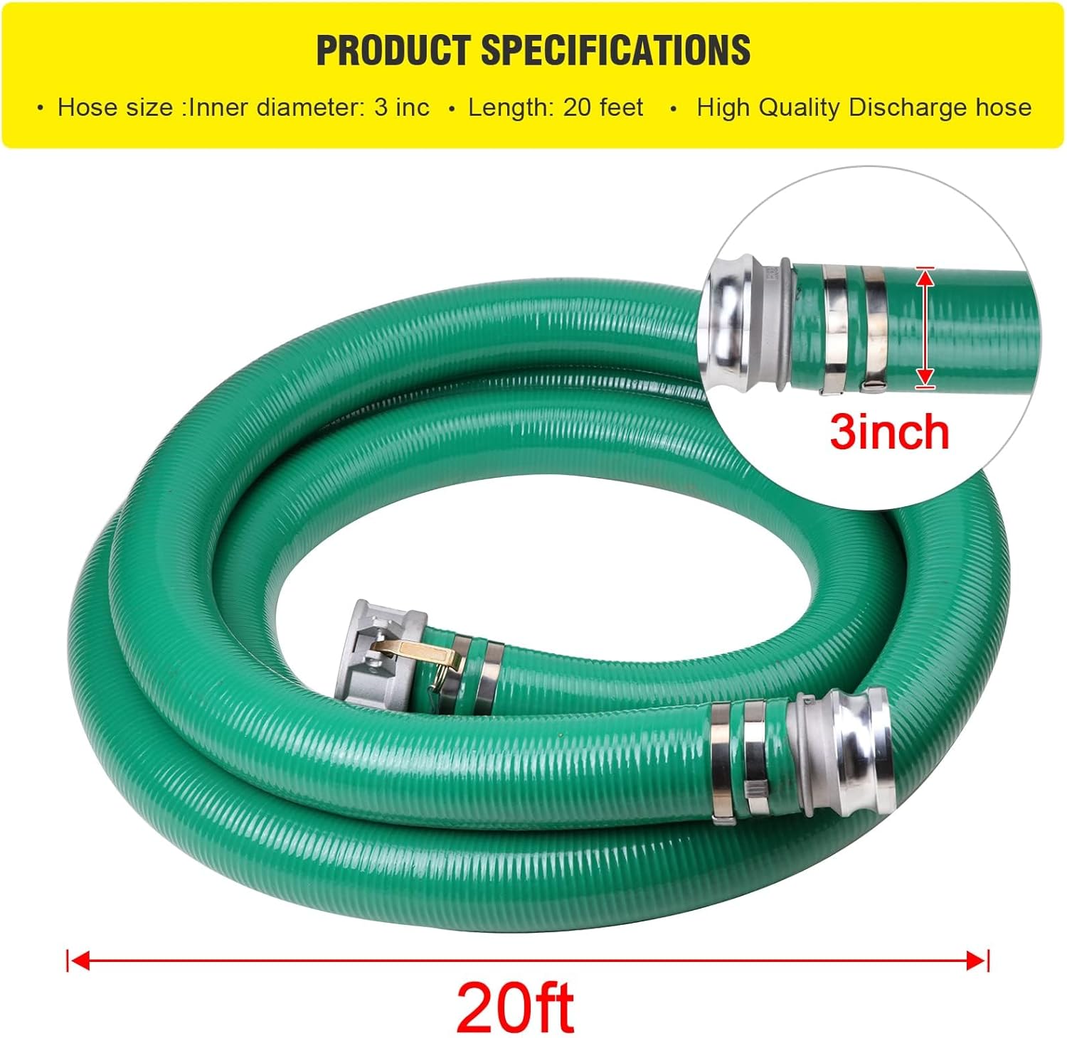 3" x 20' Green PVC Suction Hose Assembly, 3" Male X FemaleCam and Groove， For Swimming Pools & Spas 60 PSI Max Pressure