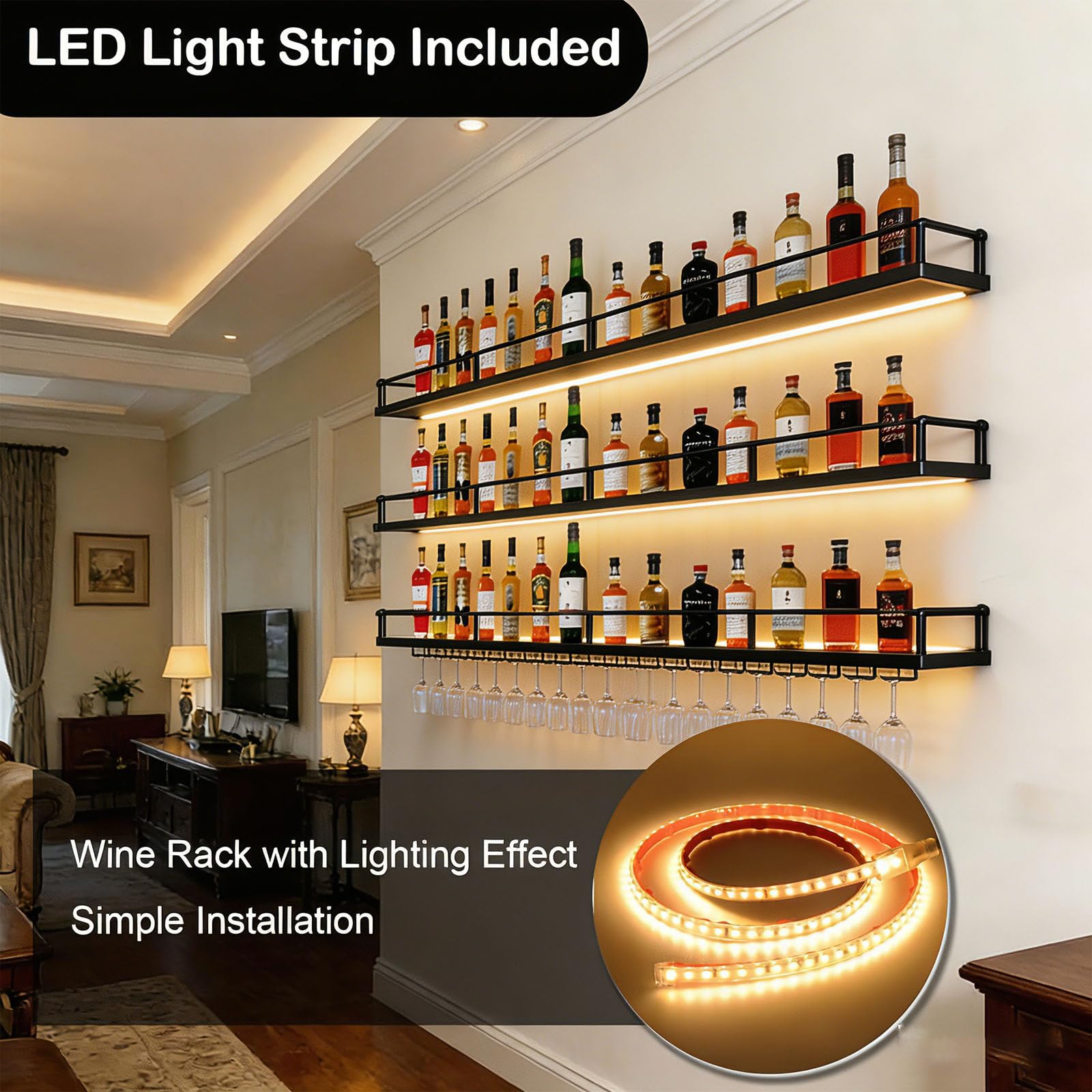 Portabottiglie a Parete con Luci LED e Portabicchieri, Espositore per Vino 3 Ripiani, Struttura in Metallo Resistente, Ideale per Home Bar, Caffè, Ristorante (nero, 200cm)