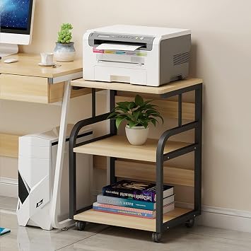 Printer Stand - 3-Tier Office Storage Rack, Floor-Standing Bookshelf On Wheels, Multifunction Printer Stand, Office Supplies Rack, Convenient to Move, Large Capacity (Color : Black+Teak)