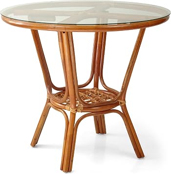 Denver Rattan Wicker Round Dining Table with Glass Top, Colonial