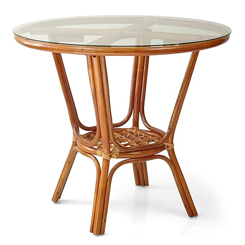 Pelangi Rattan Wicker Round Dining Table with Glass Top, Colonial