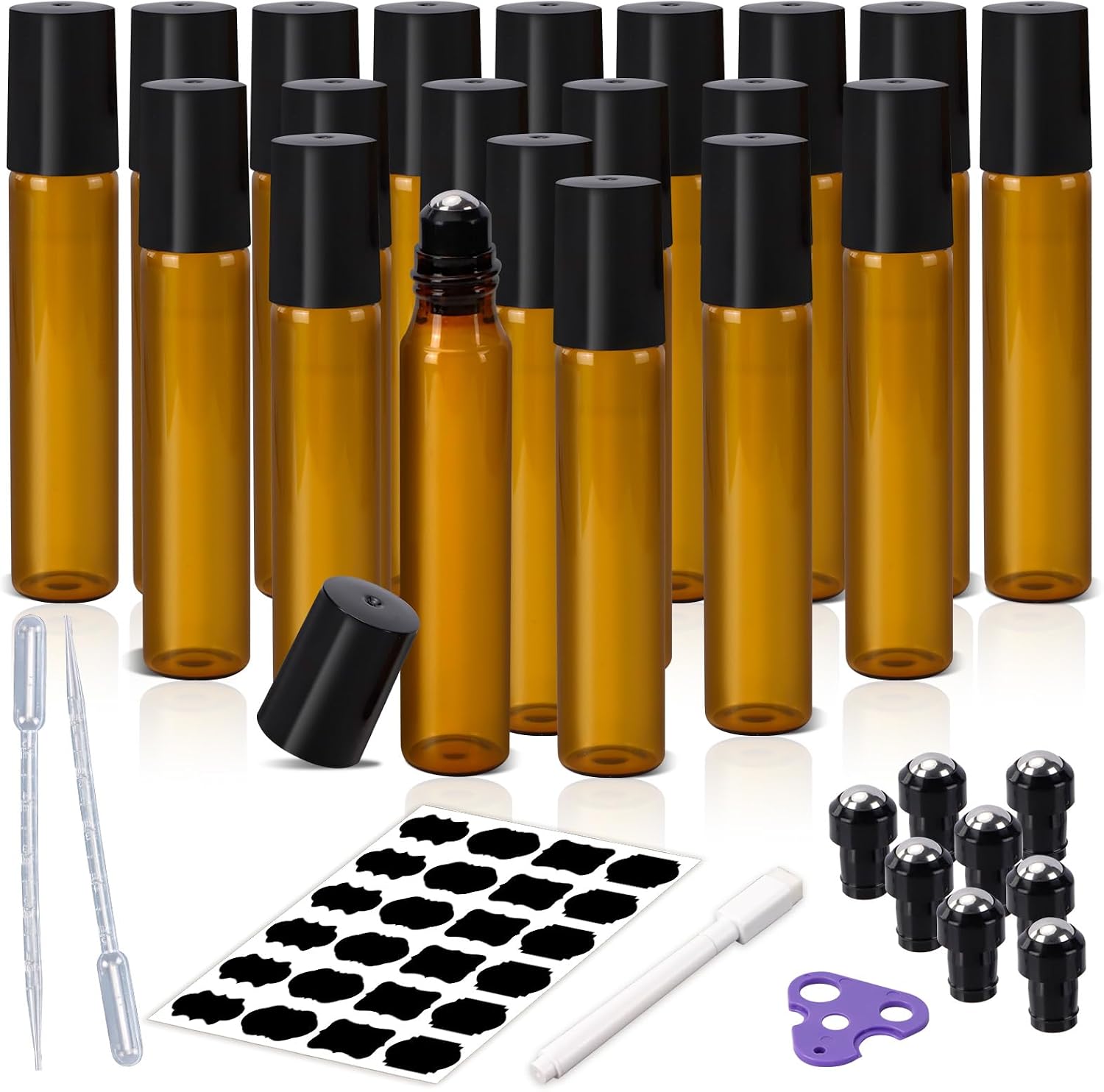 20Pack 10ml Roller Bottles for Essential Oils, Amber Glass Oil Roll on Bottle Stainless Steel Roller Ball, Refillable Empty Bottle for Travel, Perfume, LipGloss(Sticker/Opener/Dropper/Pen)