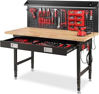 MUWOOD 60-Inch Adjustable Workbench with Drawers, Large Pegboard and Outlets (Best Value)