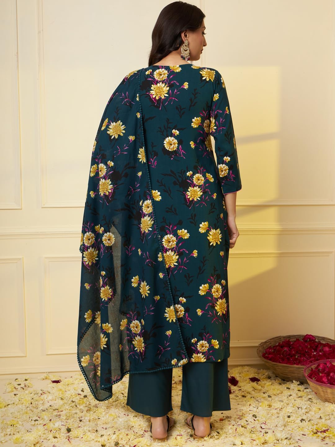 Tissu Women's Rayon Navy Floral Printed Kurta & Palazzo With Cotton Dupatta