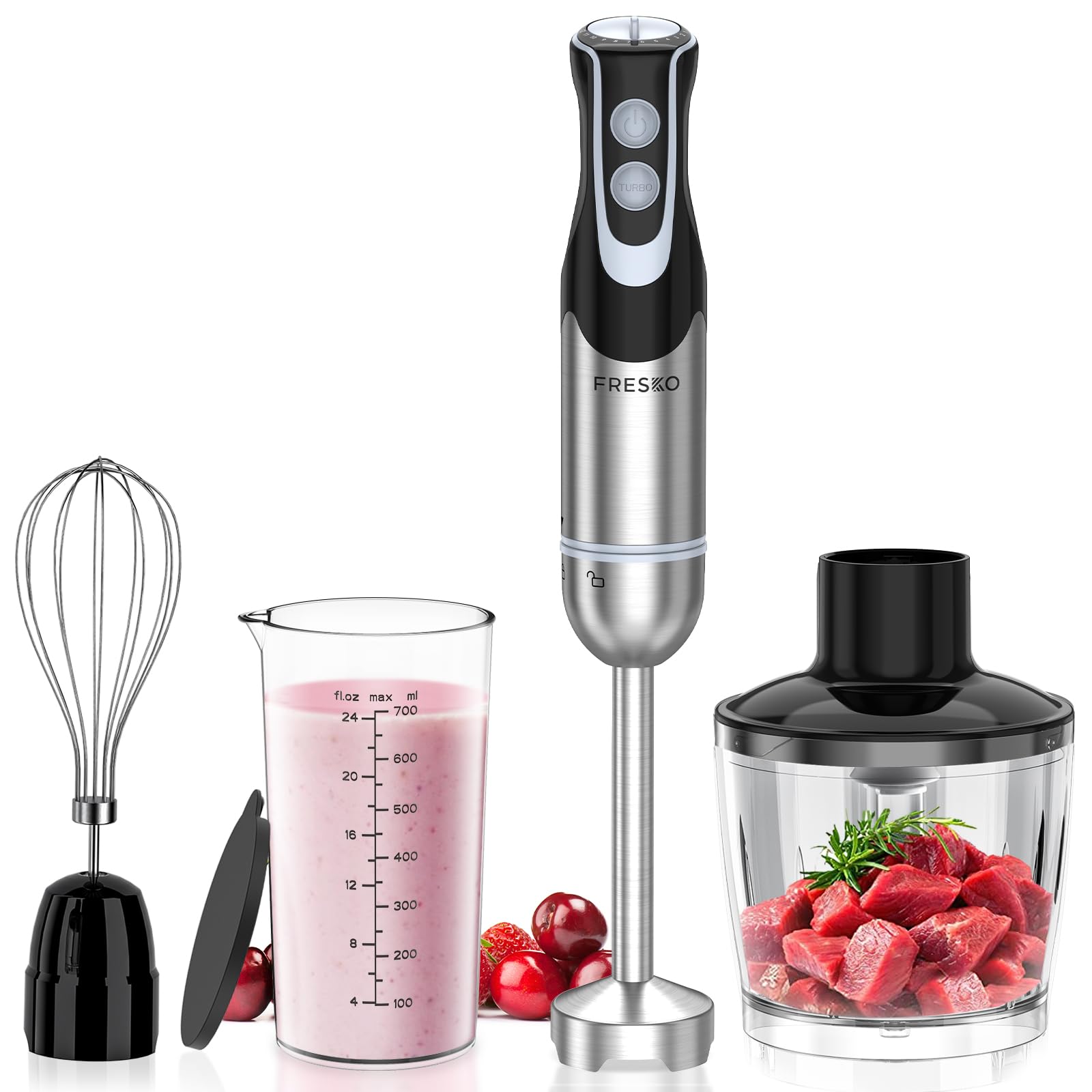 FRESKO 4-in-1 Stabmixer Edelstahl, 1000W Pürierstab mit 12 Geschwindigkeiten und Turbo-Modi, Inklusive Schneebesen, 500ml Lebensmittelhacker und 700ml Messbecher, für Babynahrung, Suppe, Smoothies
