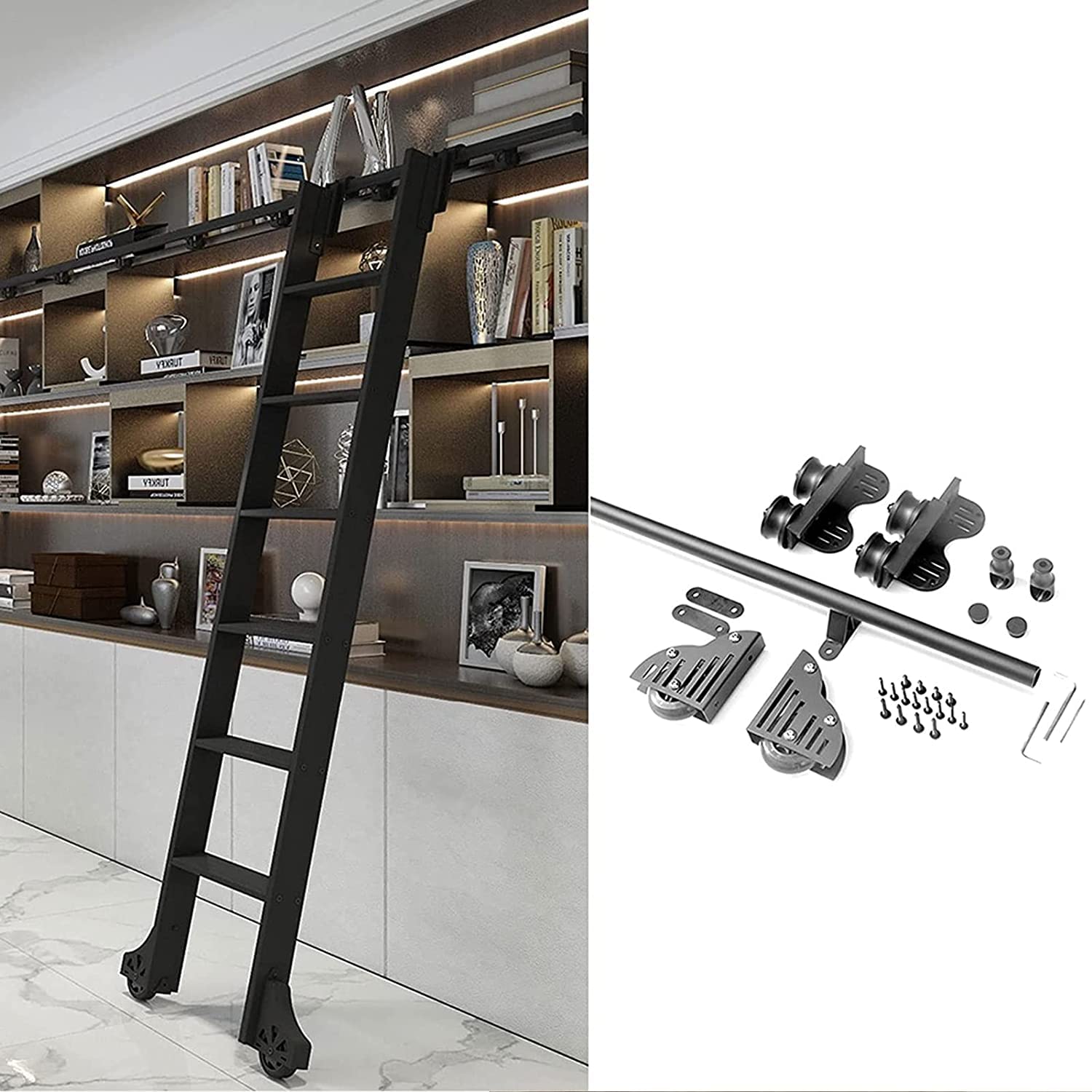 Rail pour échelle de bibliothèque coulissante dans un salon loft