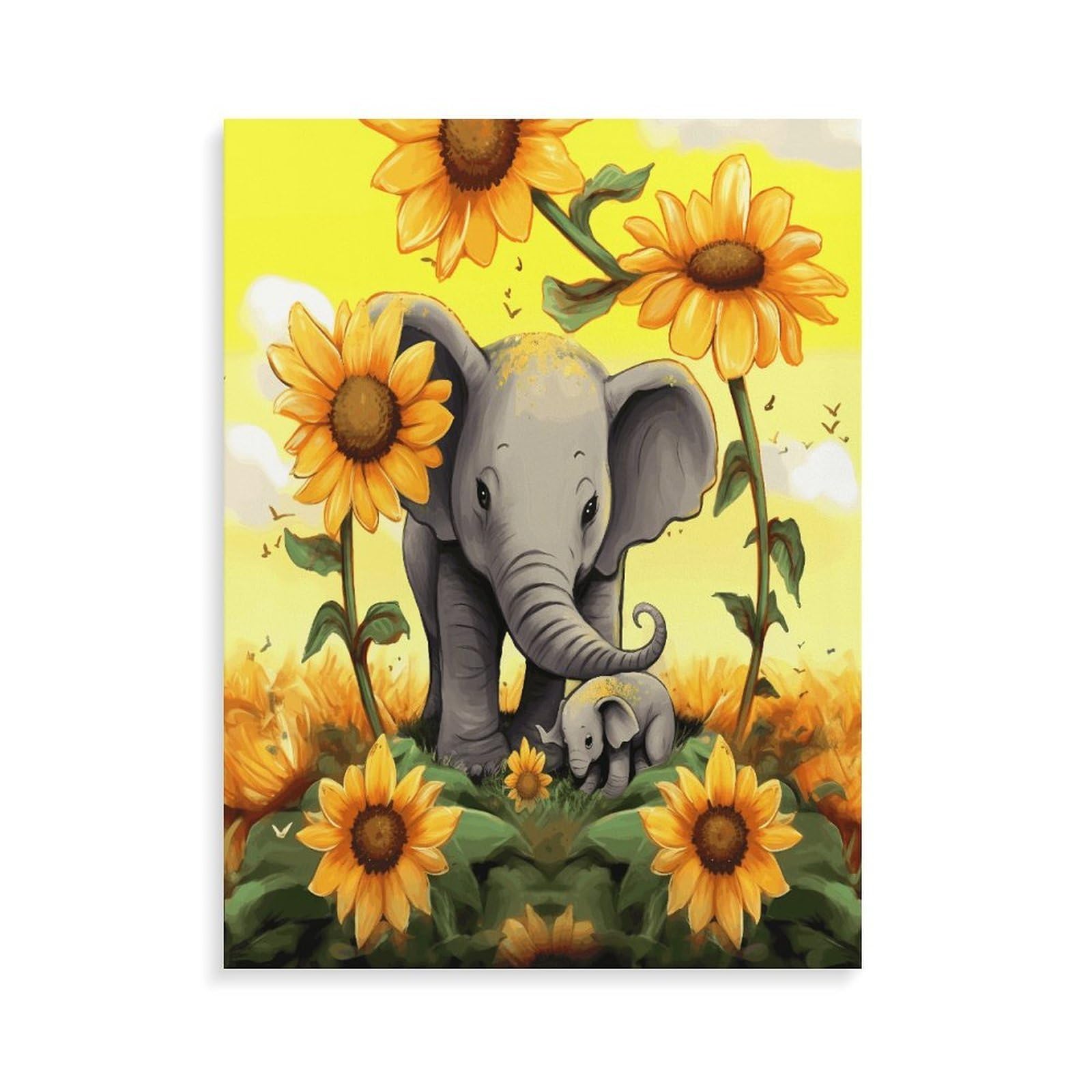 LPAGBCNU Malen nach Zahlen für Erwachsene und Anfänger, Erwachsene, Motiv: Elefant und Baby, Elefant, Sonnenblumen, Malen nach Zahlen, Kits auf Leinwand, DIY-Acryl-Ölfarben, Gemälde mit Pinseln für