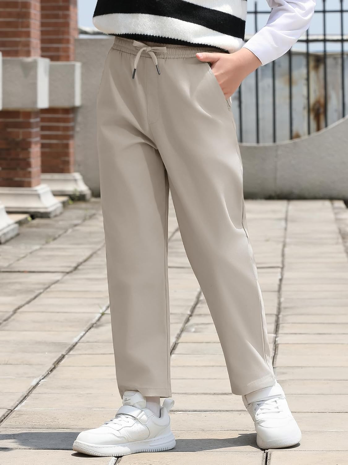 Haloumoning Boys School Uniform Chino Pants Kids Youth Drawstring Elastic Waist Twill Pants with Pockets 5-14 Years - Image 2