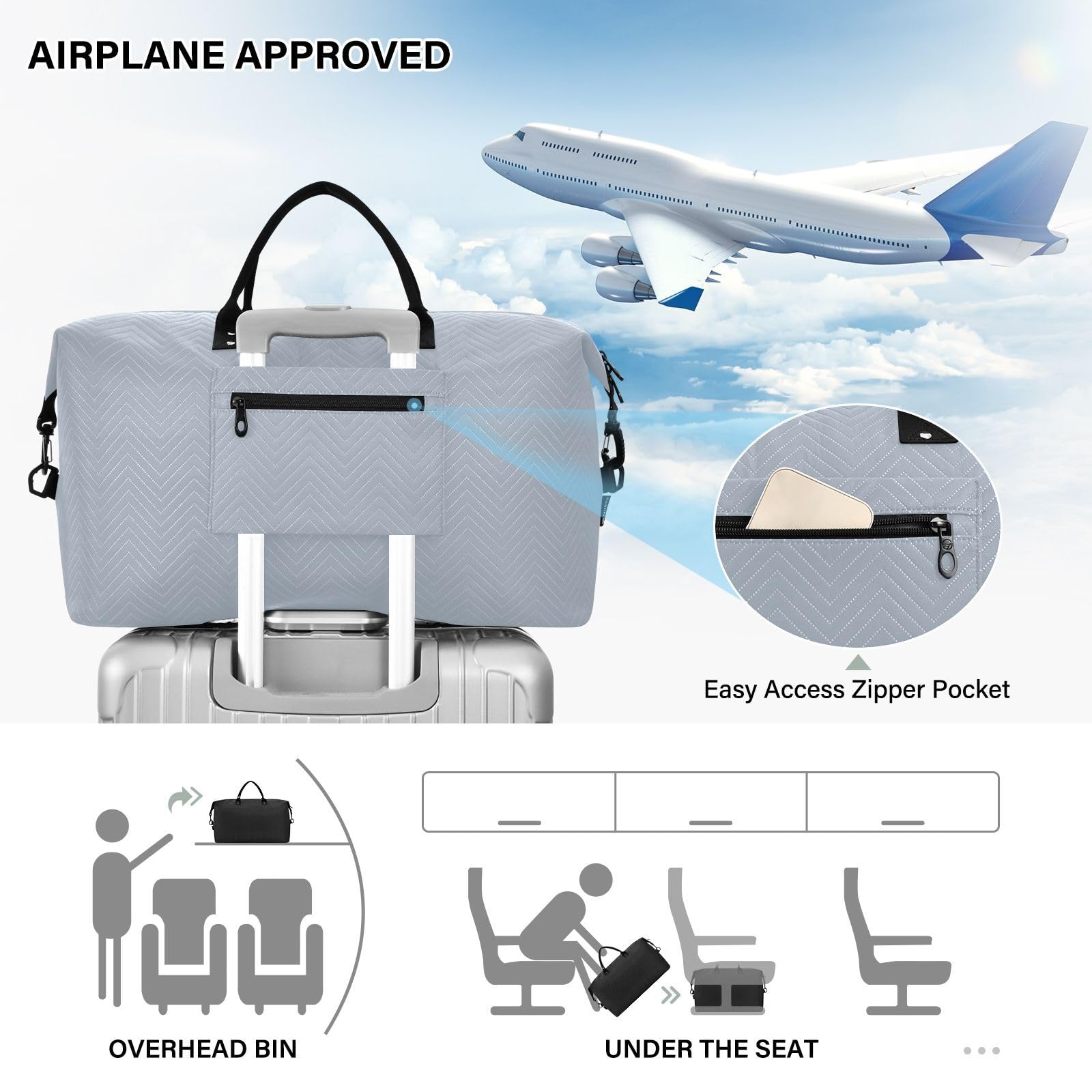 Handgepäck-Set, große Tasche und Mini-Tasche, gesteppt, abnehmbar, stilvoll, Urlaub, Reisen, Frostschiefer, One Size, Klassisch