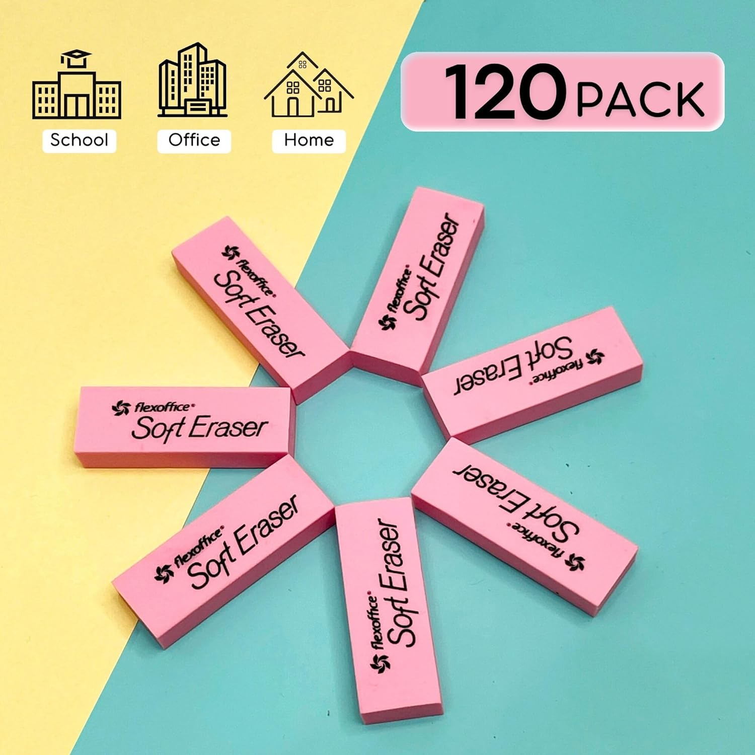 FlexOffice Pink School Erasers 120 Count - Large Bulk Erasers for Students, Teachers, Classroom Supplies & Test Taking