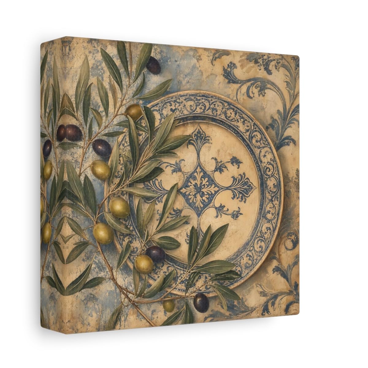 Toile branches d'olivier vintage bleue petit tableau mural carré - 8