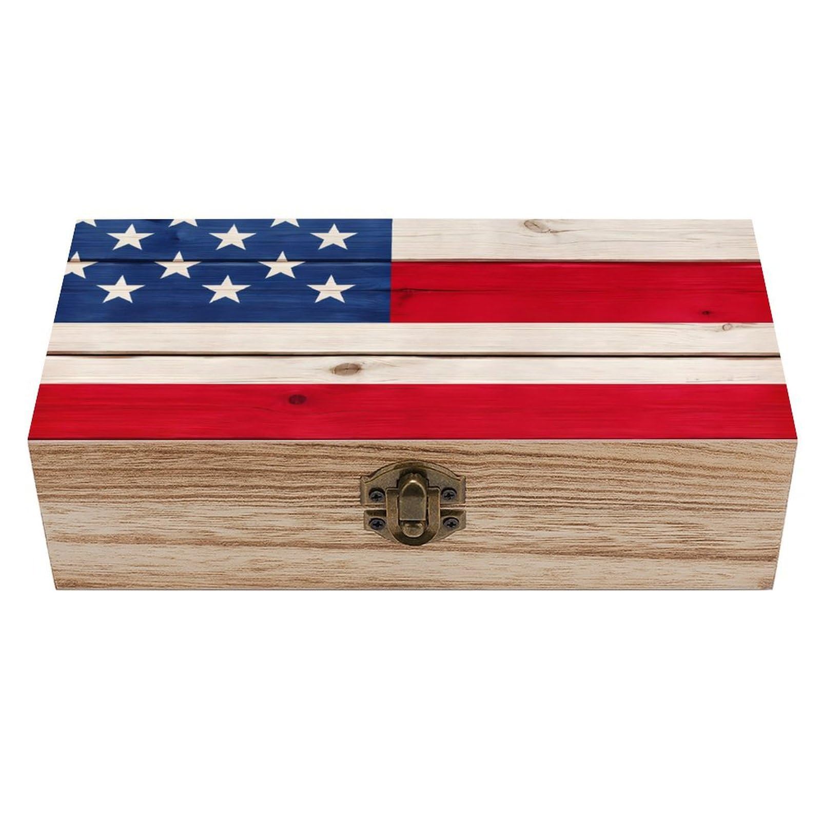 SMAZDFXX Vintage Wooden American Flag Wooden Storage Box With Hinged Lid Decorative Front Clasp Keepsake Boxes