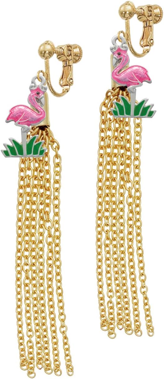 Silvertone Hot Pink Enamel Flamingo with Grass Goldtone Chain Tassel Clip On Earrings