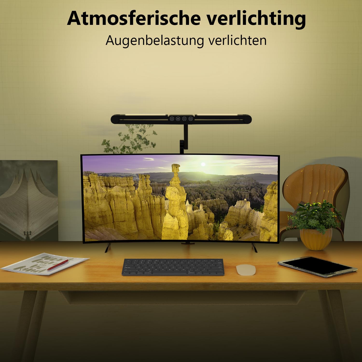 24W Superhelle Dimmbare LED Schreibtischlampe, 1500 Lumen LED Tischlampe für Haushalt und Büro mit Ambiente-Licht, Tageslichtlampe, Klemmlampe mit Drehbarer Lichtstange, Bürolampe [Energieklasse G]
