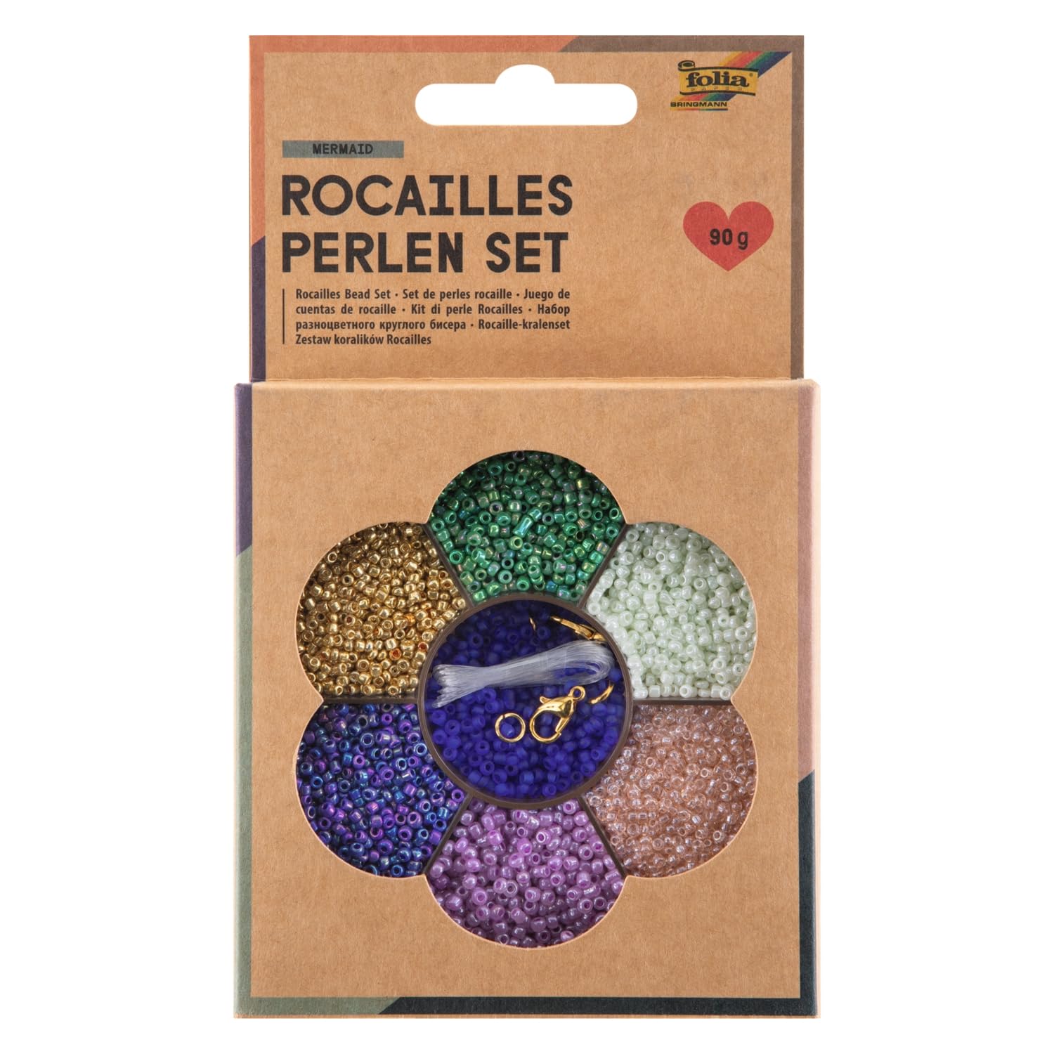 folia Mermaid 12912 Seed Beads Craft Set with Approx. 90 g Beads in 7 Colours, Nylon Thread and Clasps for Designing Jewellery, Pearl Animals and Accessories