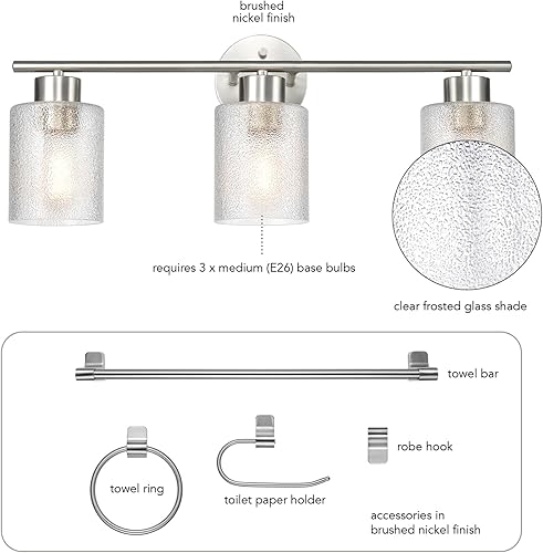 Miniatura 6 de GLOBE Electric 63000209 - Juego de accesorios de baño de 5 piezas con luz de tocador de 3 luces de 23 pulgadas, acabado de níquel cepillado,