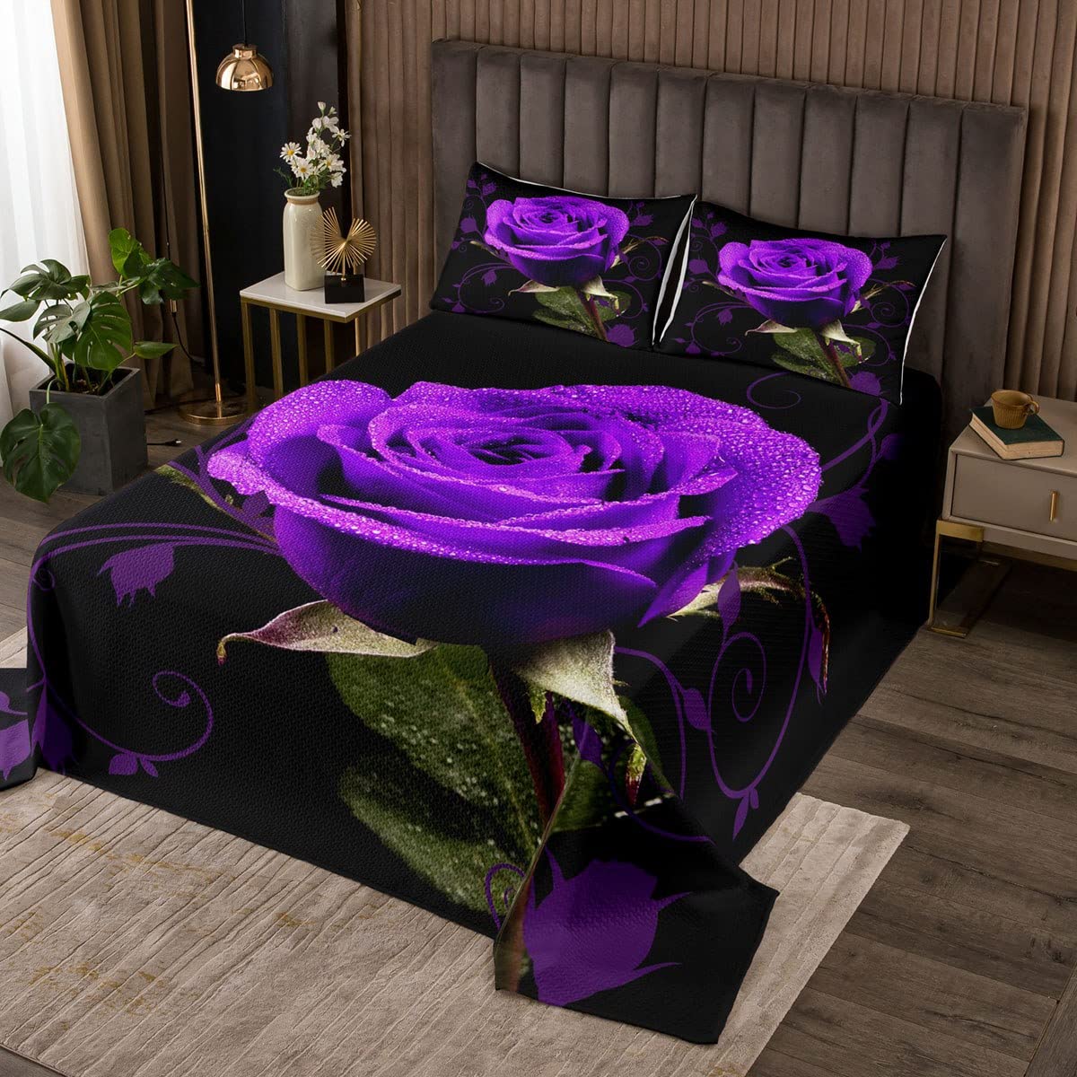 Colcha de flores moradas de 240x260 cm para cama de matrimonio con 2 fundas de almohada