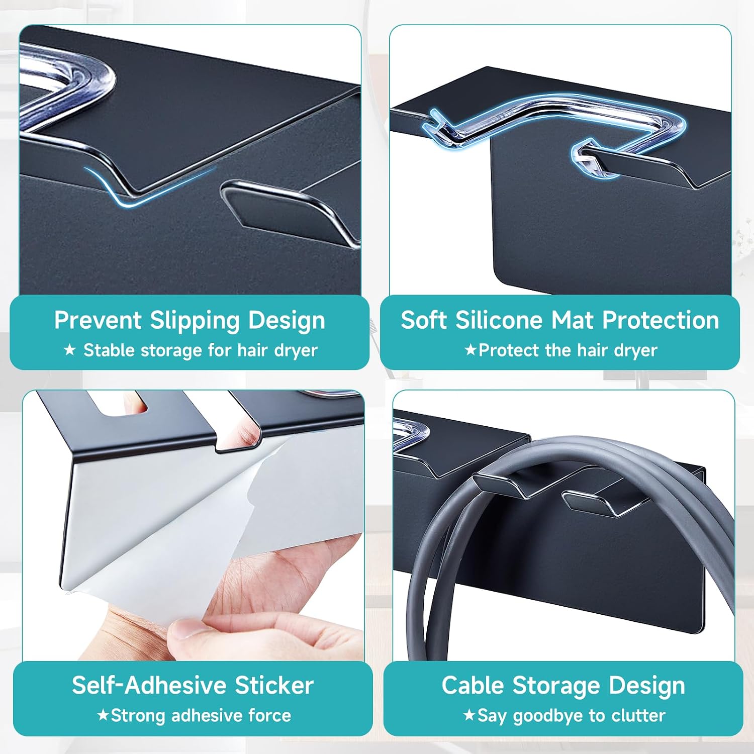 Blow Dryer Holder Matte Black, Hair Dryer Wall Mount, Hair Dryer Holder Stainless Steel, Blowdryer Holder for Wall, Hairdryer Holder for Bathroom Dressing Table