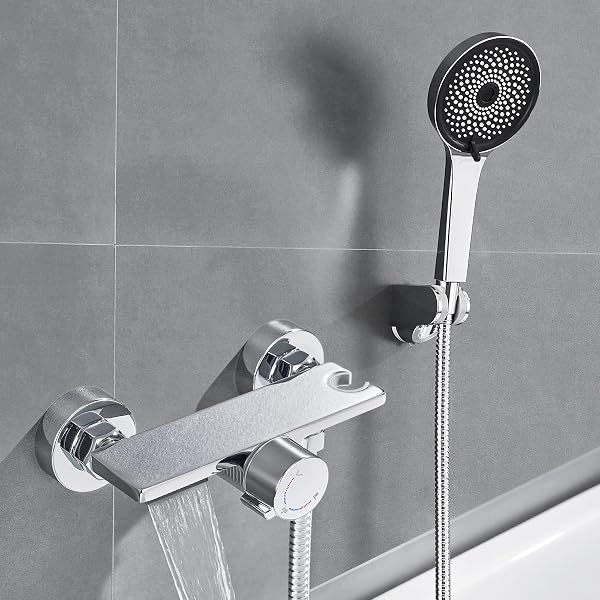 Auralum Miscelatore Doccia Ottone con Porta Sapone per Doccia, Rubinetto Vasca da Bagno con Soffione Doccia 5 Funzioni, Miscelatore Vasca da Bagno a Cascata con Supporto Soffione e Tubo Doccia 1,5 m - 2