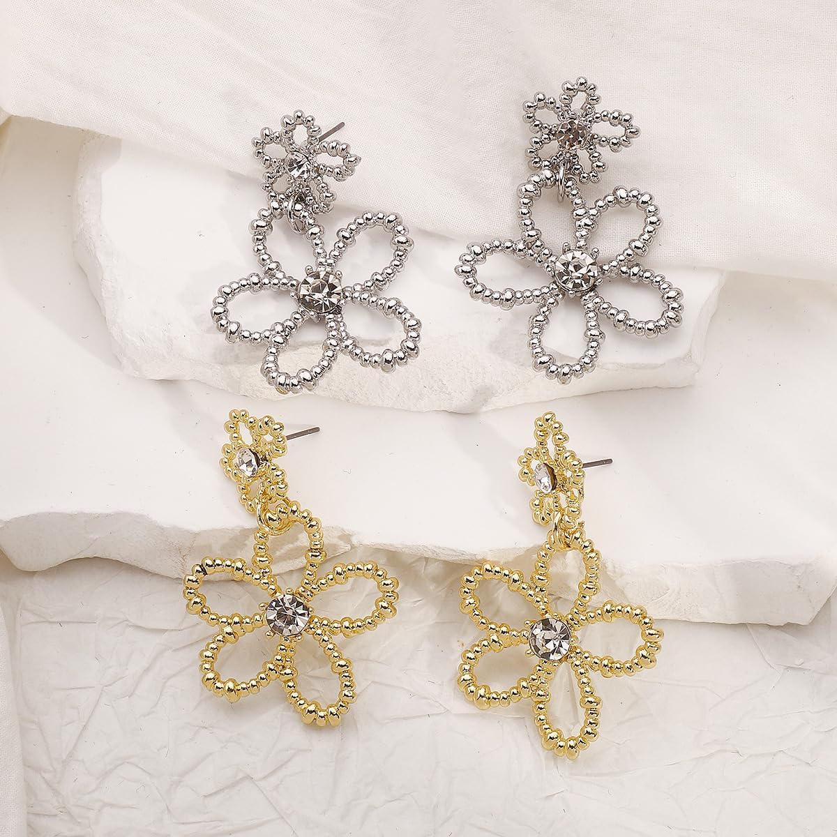 Gold Flower Earrings for Women Dainty Rhinestone Floral Dangle Earrings Lightweight Layered Tiered Hollow Floral Drop Earrings Jewelry Presents - Image 3