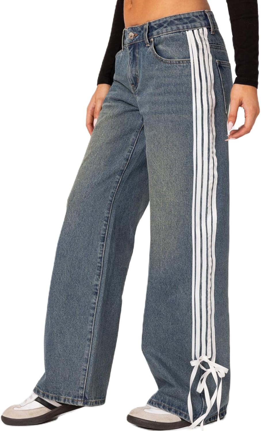 UAURORAO Women Side Striped Baggy Jeans Y2k Color Block Patchwork Denim Pants Stripes Wide Leg Casual Trousers Streetwear