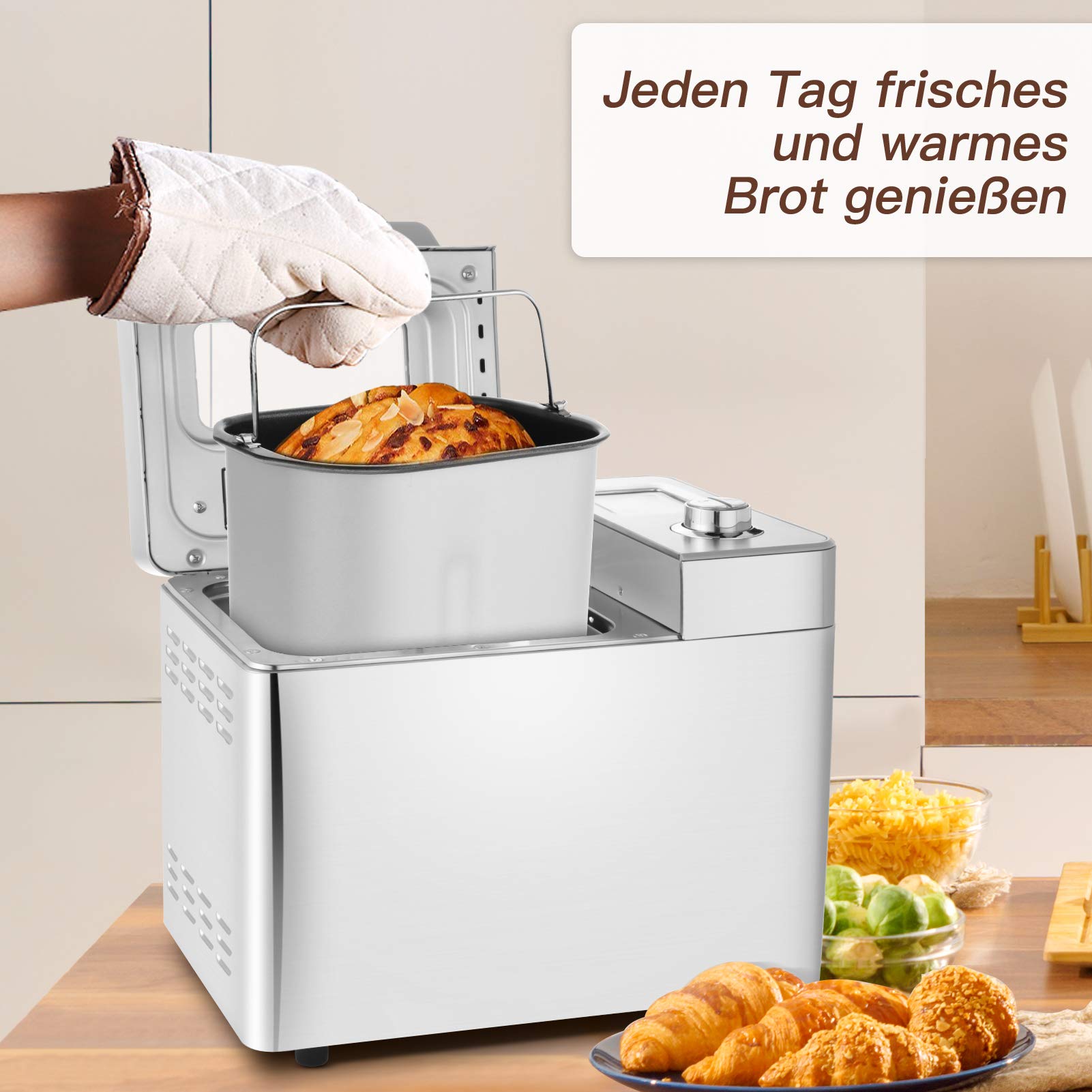Nictemaw Brotbackautomat Backmeister Edelstahl Brotbackmaschine mit 25 Backprogramme 550W