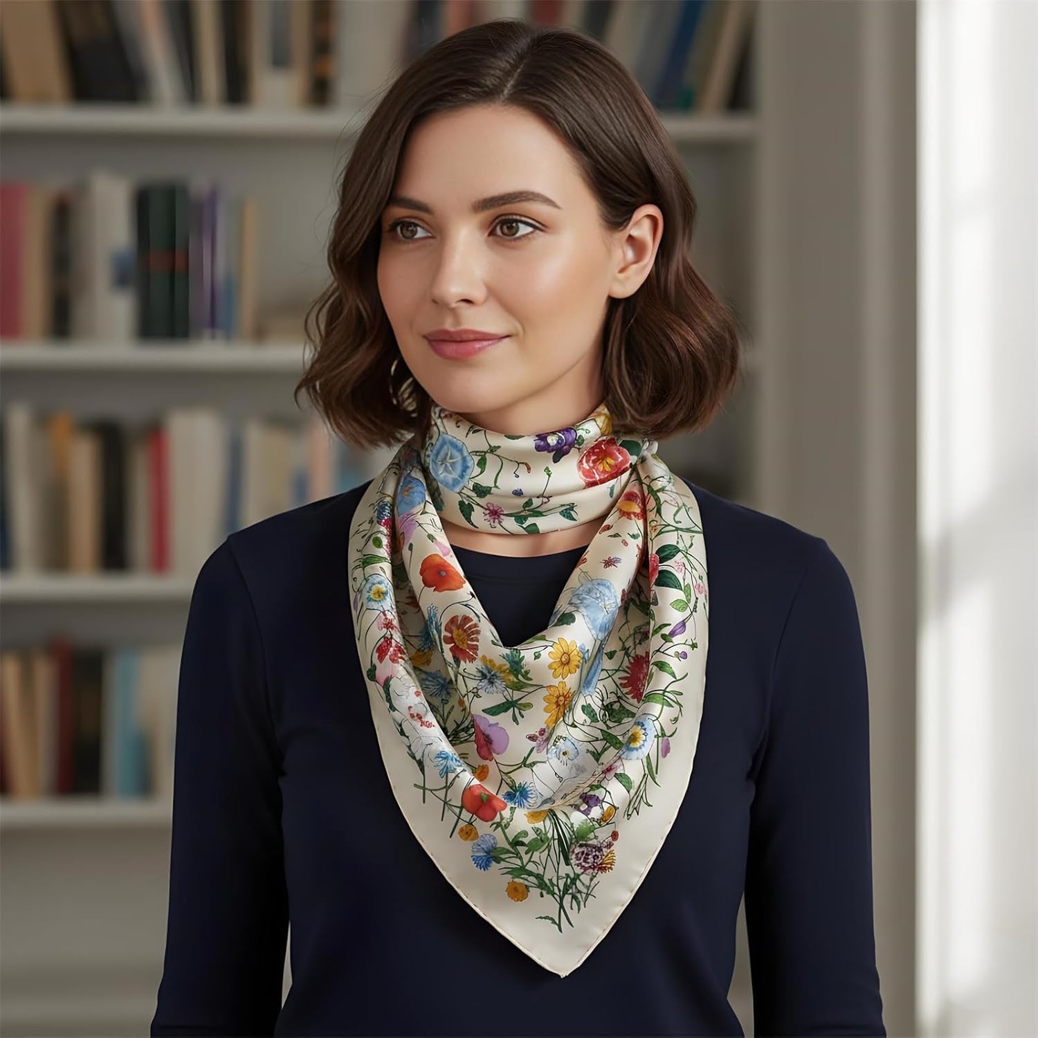 Premium Floral Scarf for Women 35x35 Square Silk Feel-Lightweight Scarves Headscarf Bandanas Wrapping Handbag - Image 3