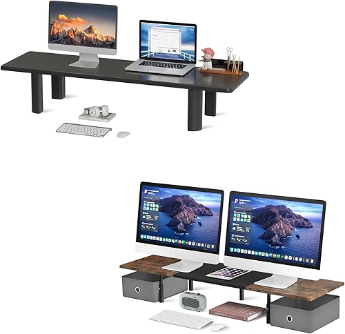 suptek Elevador de soporte para monitor doble con dos cajones y soporte para monitor doble