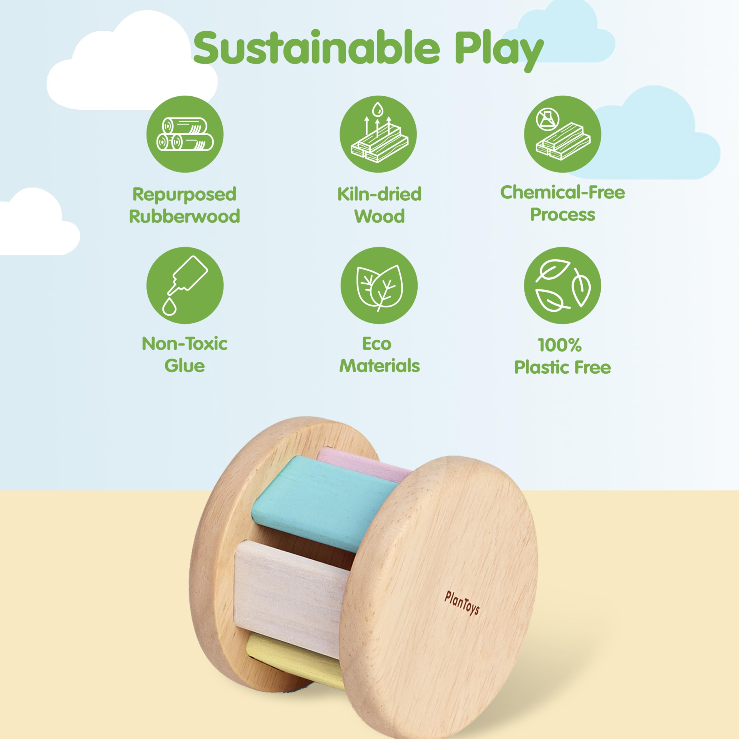 PlanToys Sonaglio Baby - Rodari Baby Arcobaleno - Sonaglio in Legno con Suono Morbido al Rotolo, Giocattolo in Legno per Bambini 6 Mesi - Giocattoli di Legno - Regalo per Neonati - Torta