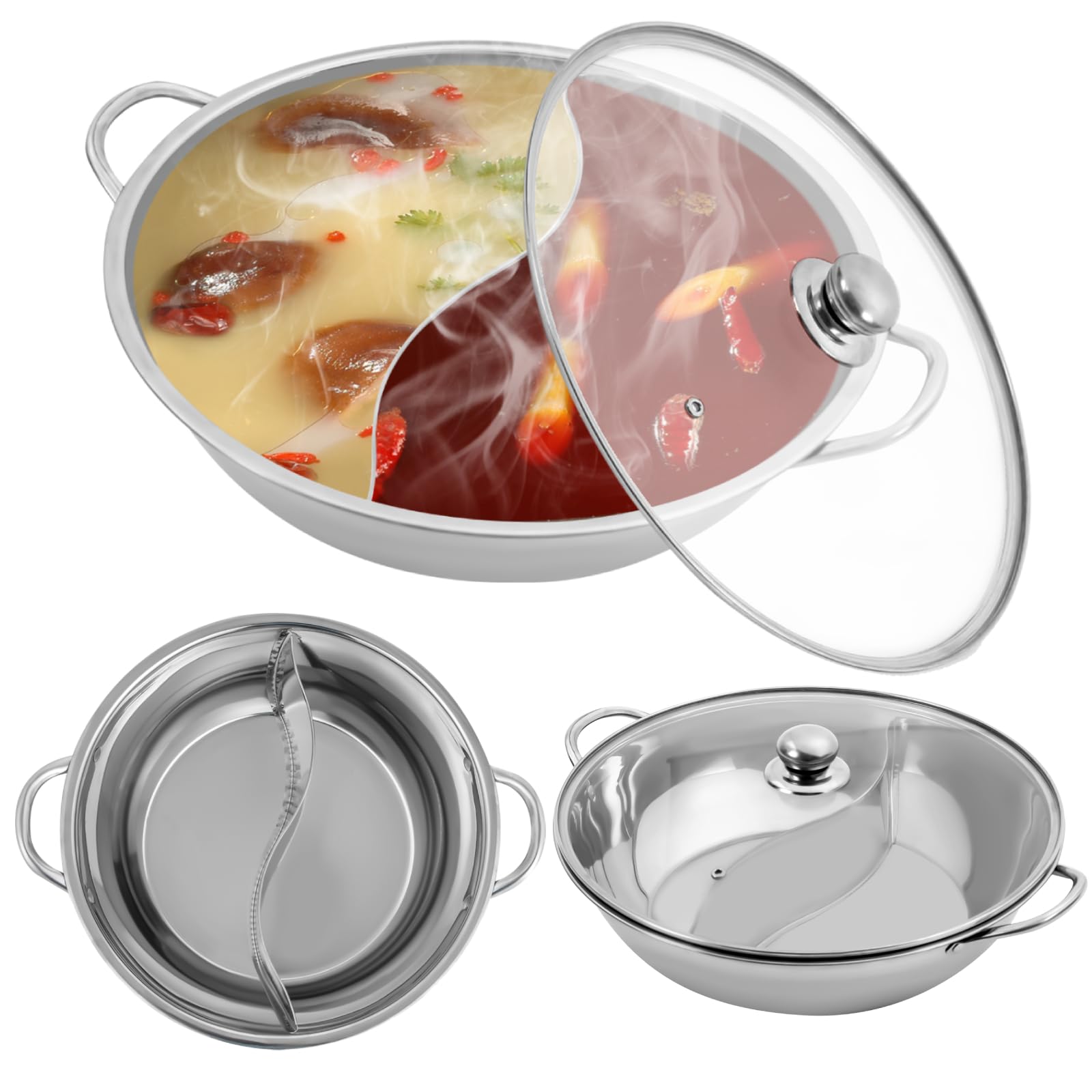 Hot Pot in acciaio inox con divisore, Hotpot padella divisa con divisorio e coperchio in vetro, pentola Dual Hotpot fornello Shabu Shabu, doppio brodo per fornello a gas a induzione (34 cm)