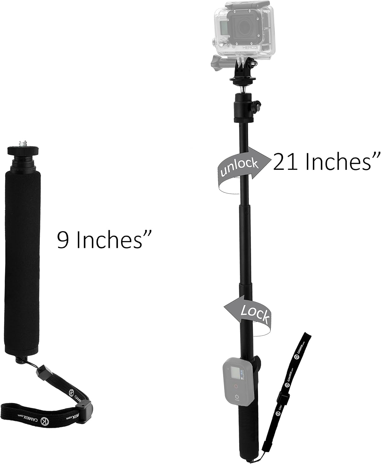 Pole for Gopro Hero 6, 5, Black, Session, Hero 4, Session, Black, Silver, Hero+ LCD, 3+, 3, 2, 1 and Cameras - Telescopic 9” to 21 - Adjustable - Remote Straps - Easy Extension
