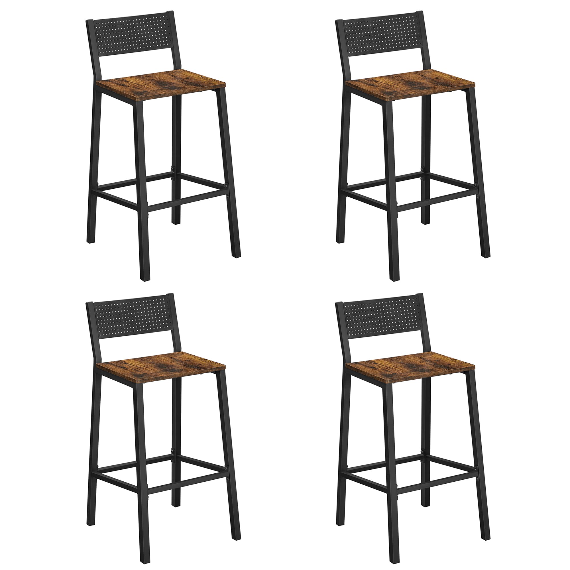 VASAGLE Tabourets de Bar, Lot de 4 Chaises de Bar, SiÈges Cuisine, Salle À Manger, Bureau, Style Industriel, Marron Rustique et Noir LBC270B01