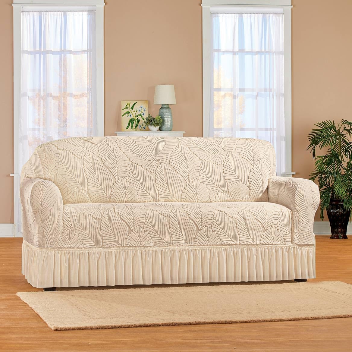 SK.Royal Leaf Ruffled Stretch Loveseat Slipcover Cream – 1 Piece, Fits 72" W Arm to Arm